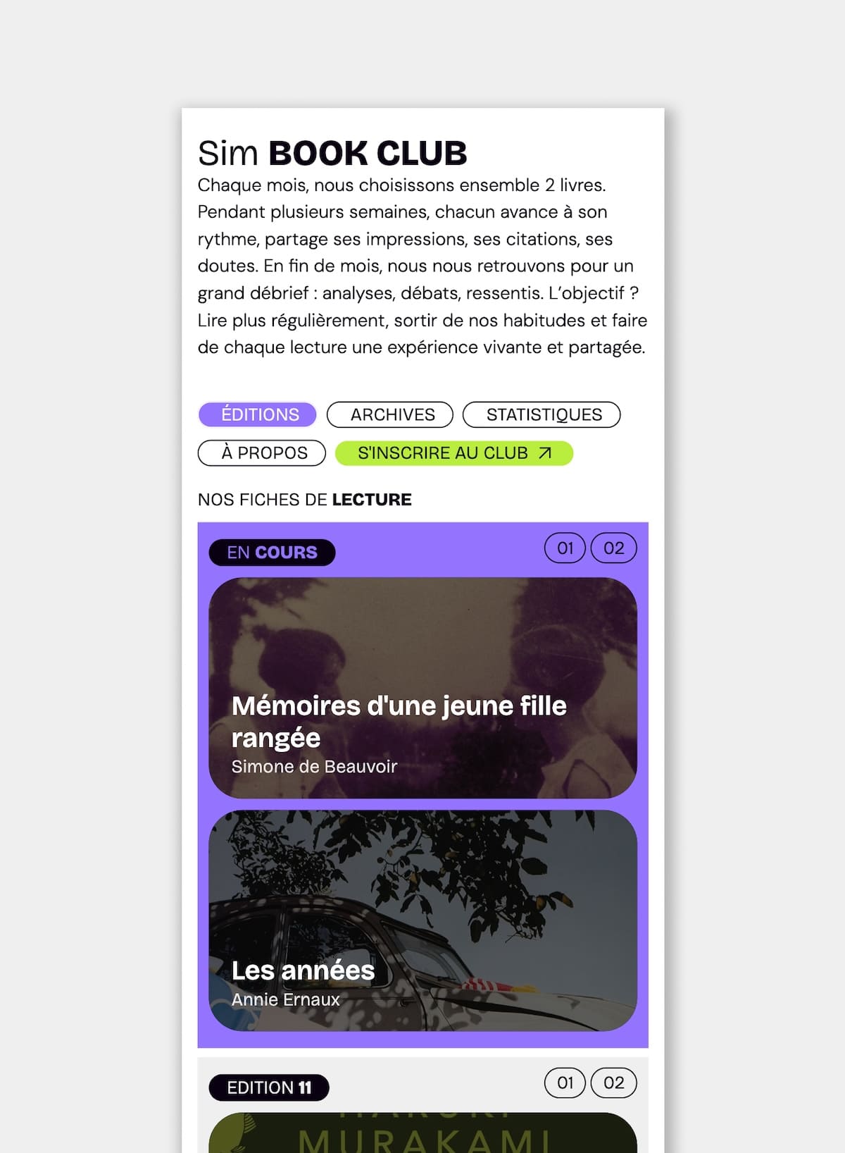 Sim Book Club - Page d'accueil version mobile