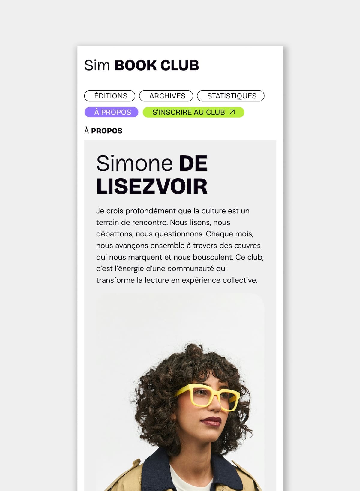 Sim Book Club - Page à propos version mobile